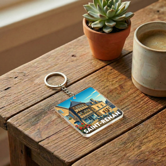 Porte-clés souvenir de la ville de Saint-Renan avec une illustration colorée et stylisée.
