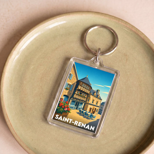 Porte-clés souvenir de la ville de Saint-Renan avec une illustration colorée et stylisée.