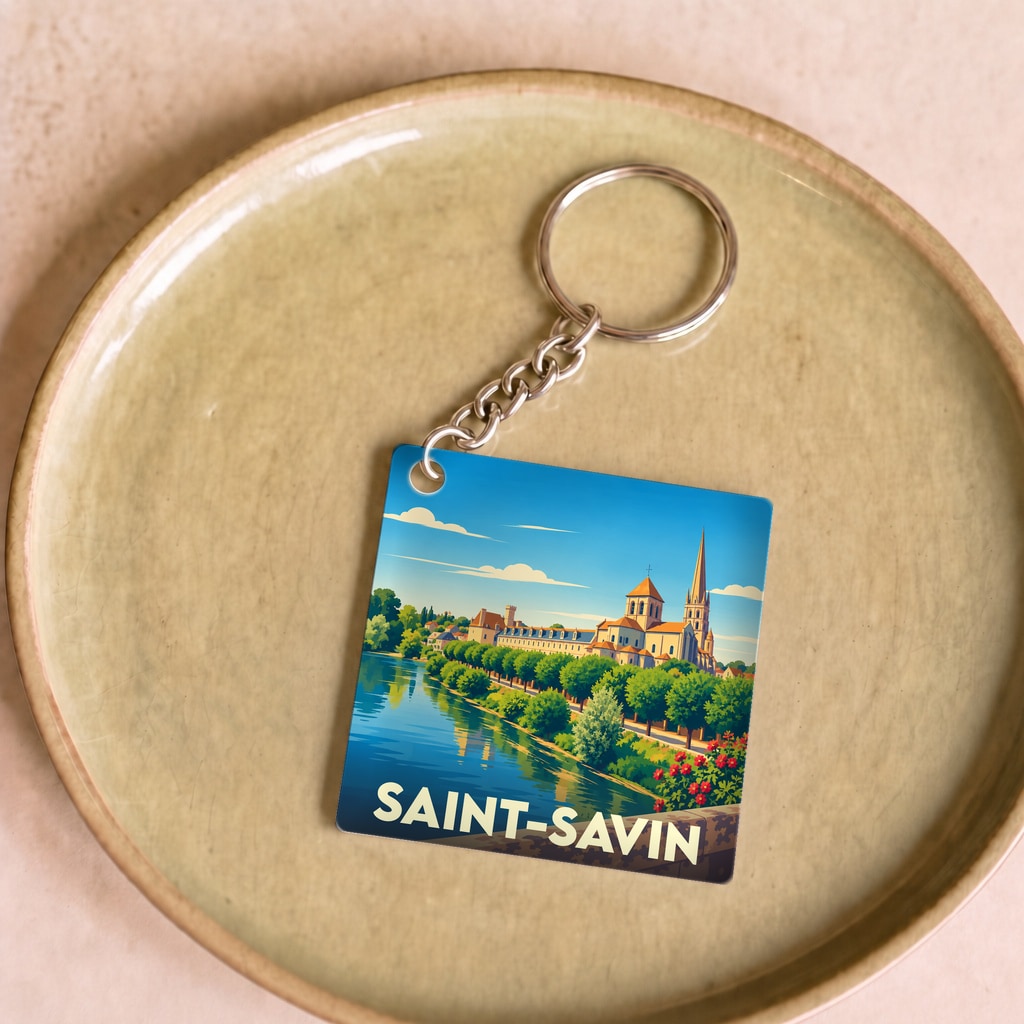 Porte-clés souvenir de la ville de Saint-Savin avec une illustration stylisée de son abbaye au bord de l'eau.