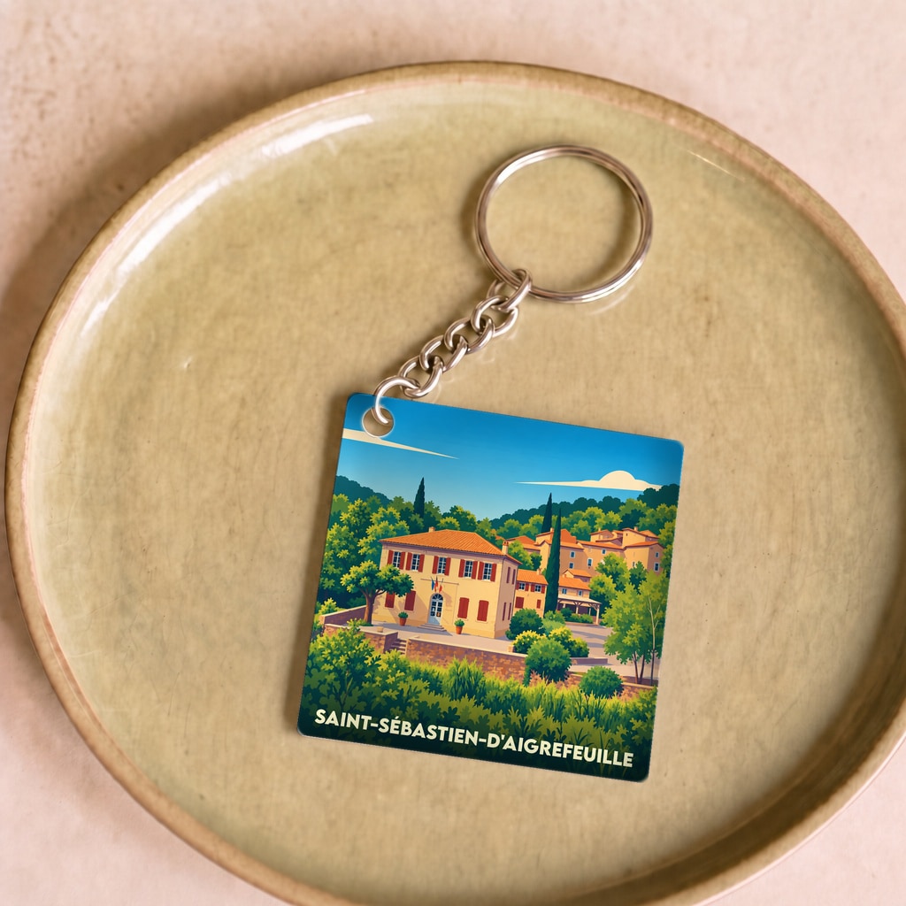 Porte-clés souvenir de la ville de Saint-Sébastien-d'Aigrefeuille avec une illustration stylisée d'un village provençal.