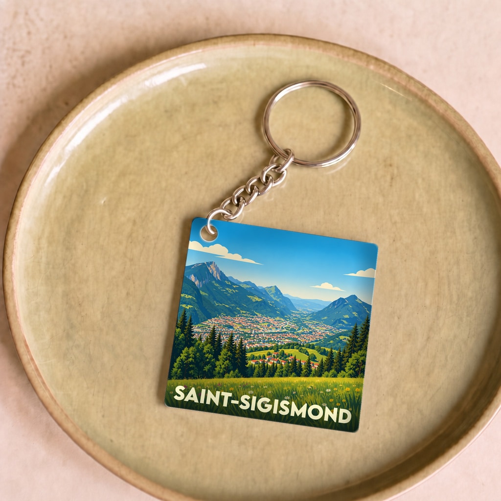 Porte-clés souvenir de la ville de Saint-Sigismond avec une illustration stylisée de paysages montagneux.