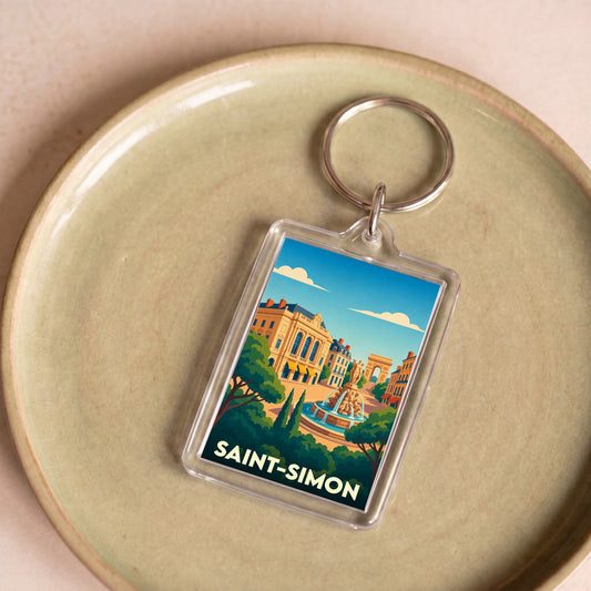 Porte-clés souvenir de la ville de Saint-Simon avec une illustration stylisée.