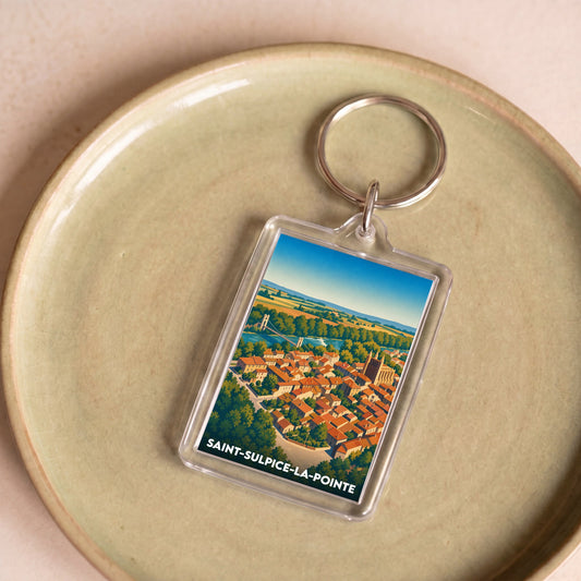 Porte-clés souvenir de la ville de Saint-Sulpice-la-Pointe avec une illustration panoramique stylisée.