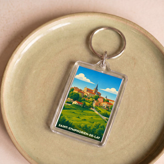Porte-clés souvenir de la ville de Saint-Symphorien-de-Lay avec une illustration stylisée.