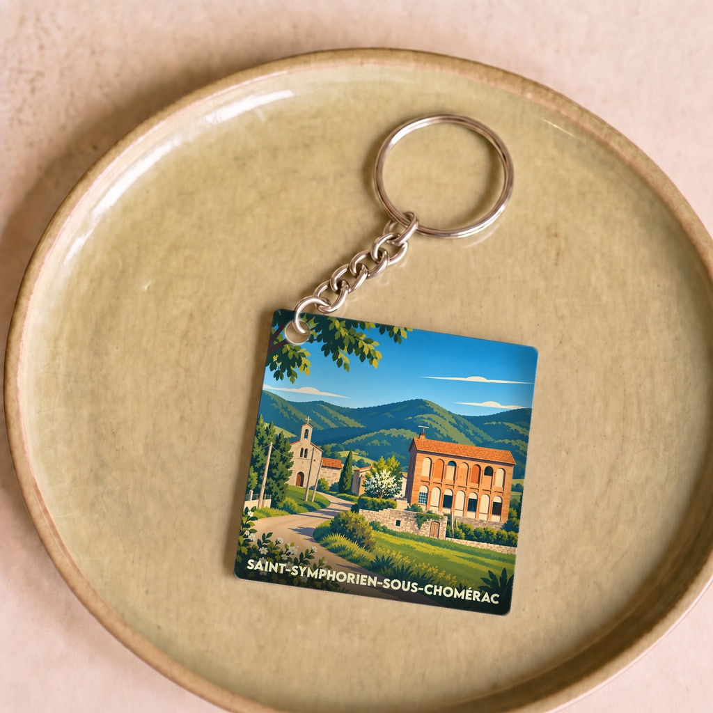 Porte-clés souvenir de Saint-Symphorien-sous-Chomérac avec une illustration stylisée du village et de ses montagnes.