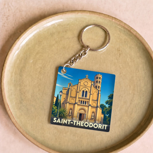 Porte-clés souvenir de la ville de Saint-Théodorit avec une illustration stylisée de son église.