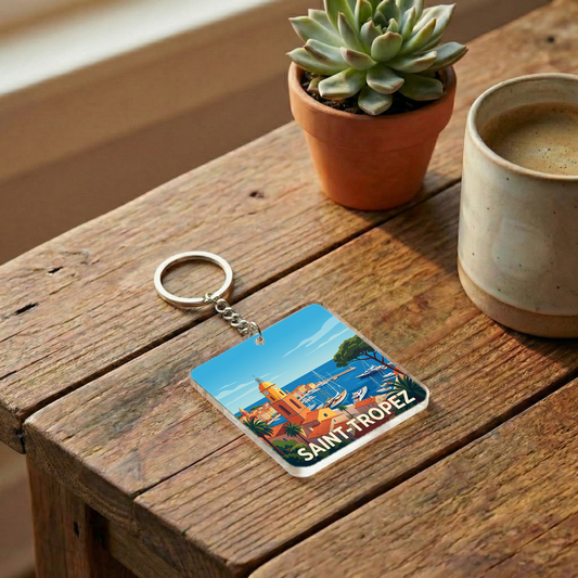 Porte-clés souvenir de la ville de Saint-Tropez avec une illustration stylisée.