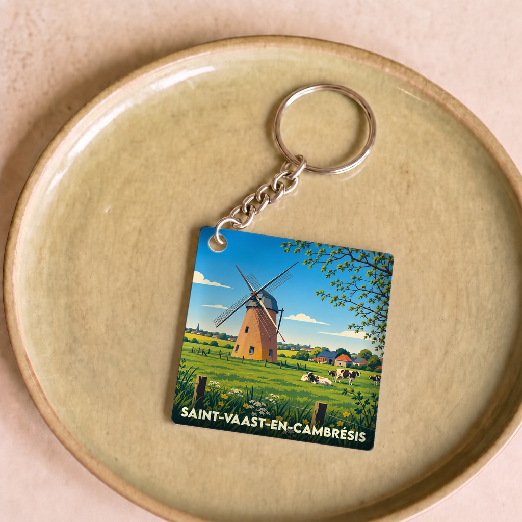 Porte-clés souvenir de la ville de Saint-Vaast-en-Cambrésis illustrant un moulin dans un paysage champêtre.