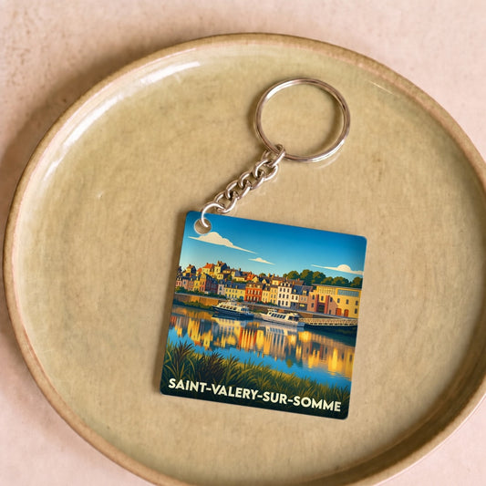 Porte-clés souvenir de la ville de Saint-Valery-sur-Somme avec une illustration stylisée.