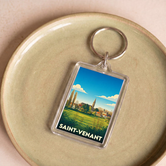 Porte-clés souvenir de la ville de Saint-Venant avec une illustration stylisée de son paysage urbain.