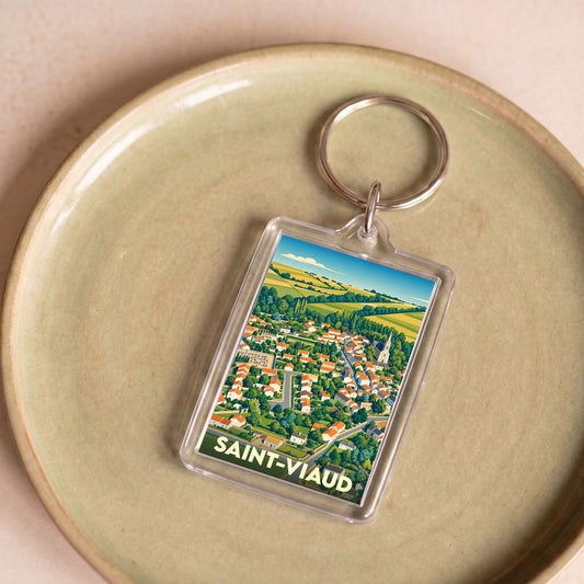 Porte-clés souvenir de la ville de Saint-Viaud avec une illustration stylisée.
