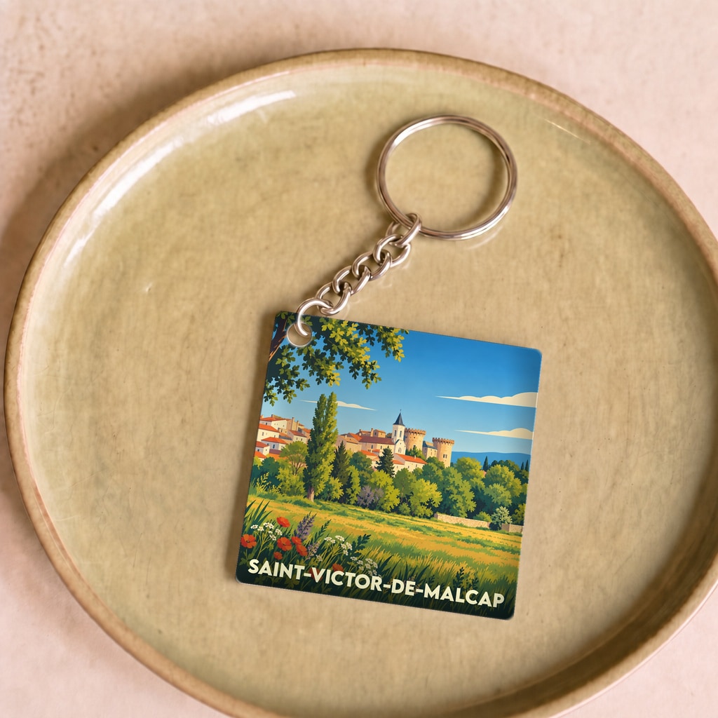 Porte-clés souvenir de la ville de Saint-Victor-de-Malcap avec une illustration de paysage champêtre et médiéval.