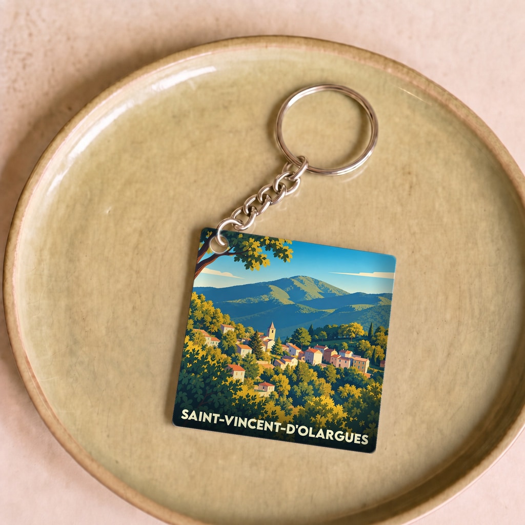 Porte-clés souvenir de Saint-Vincent-d'Olargues avec une illustration stylisée du village dans les montagnes.