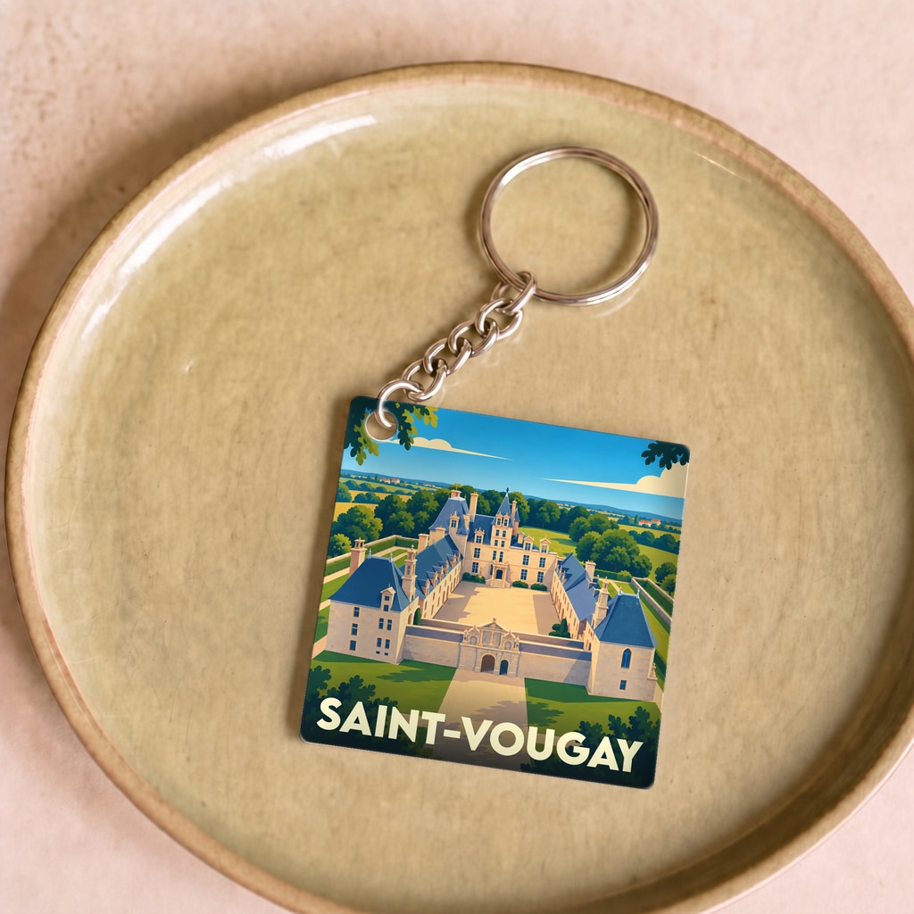 Porte-clés souvenir de la ville de Saint-Vougay avec une illustration stylisée d'un château.