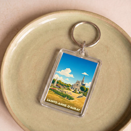 Porte-clés souvenir de la ville de Sainte-Anne-d'Auray avec une illustration stylisée de sa basilique.