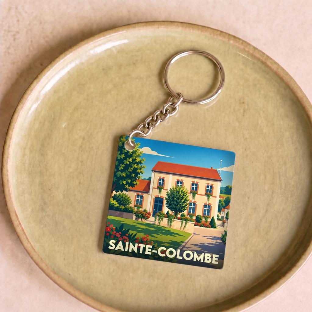 Porte-clés souvenir de la ville de Sainte-Colombe avec une illustration stylisée d'une maison de maître fleurie.