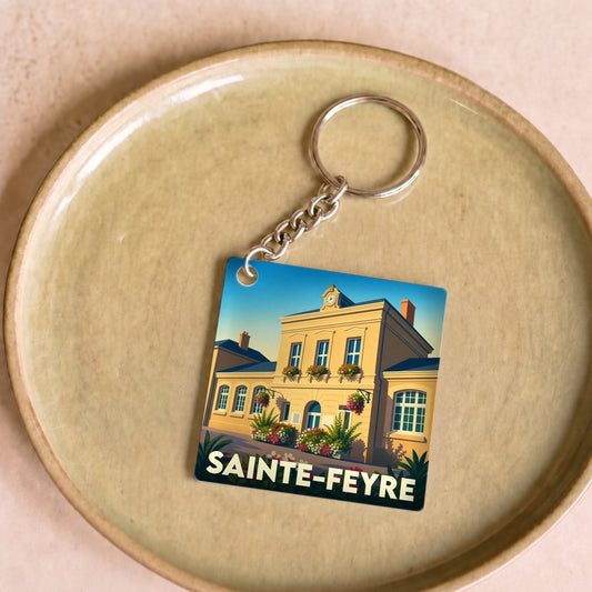 Porte-clés souvenir de la ville de Sainte-Feyre avec une illustration stylisée de sa mairie fleurie.