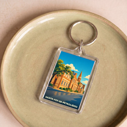 Porte-clés souvenir de la ville de Sainte-Foy-de-Peyrolières avec une illustration stylisée.