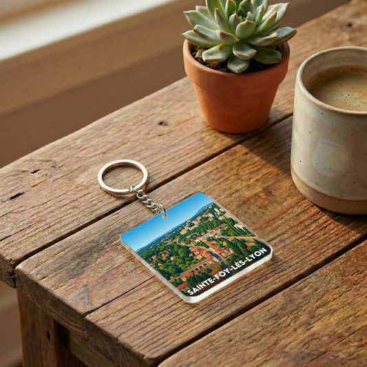 Porte-clés souvenir de la ville de Sainte-Foy-lès-Lyon avec une illustration stylisée.