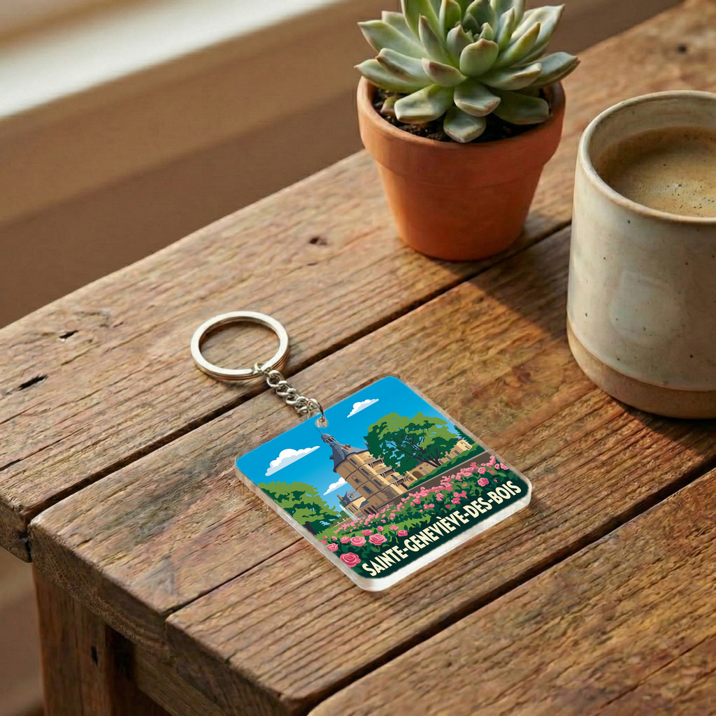 Porte-clés souvenir de la ville de Sainte-Geneviève-des-Bois avec une illustration stylisée.
