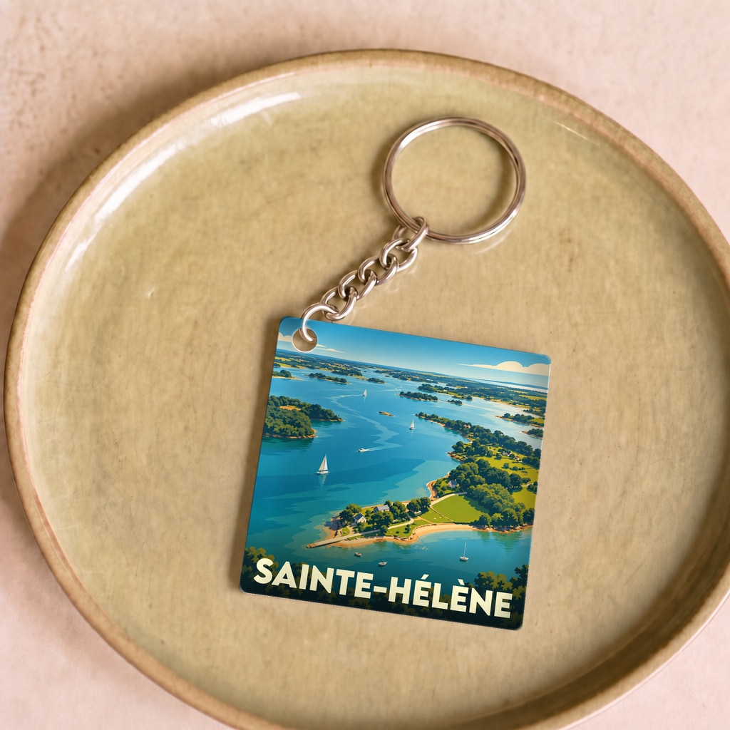 Porte-clés souvenir de la ville de Sainte-Hélène avec une illustration stylisée de son paysage côtier.