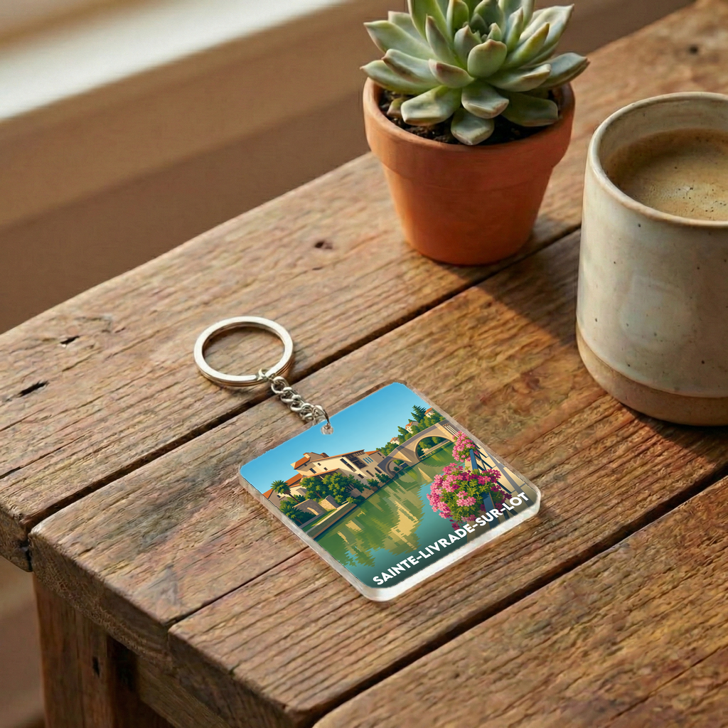 Porte-clés souvenir de la ville de Sainte-Livrade-sur-Lot avec une illustration stylisée.