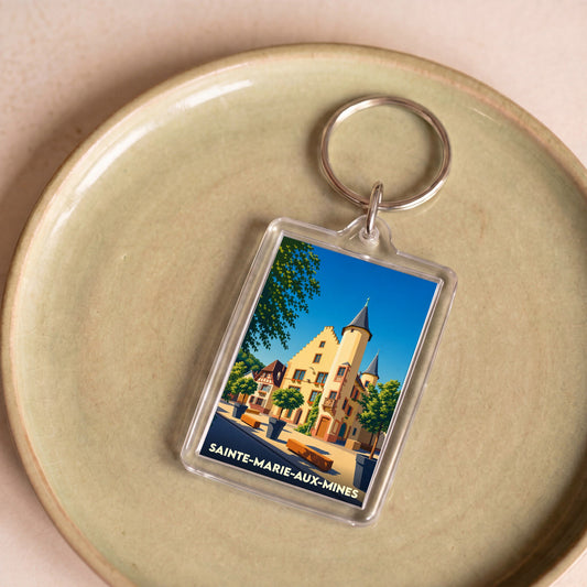 Porte-clés souvenir de la ville de Sainte-Marie-aux-Mines avec une illustration stylisée d'un bâtiment historique alsacien.