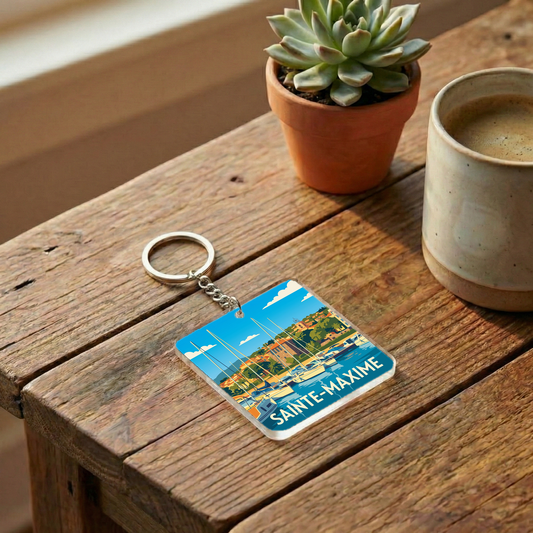 Porte-clés souvenir de la ville de Sainte-Maxime avec une illustration stylisée.