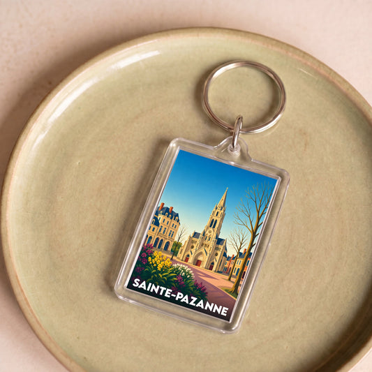Porte-clés souvenir de la ville de Sainte-Pazanne avec une illustration stylisée d'une église.