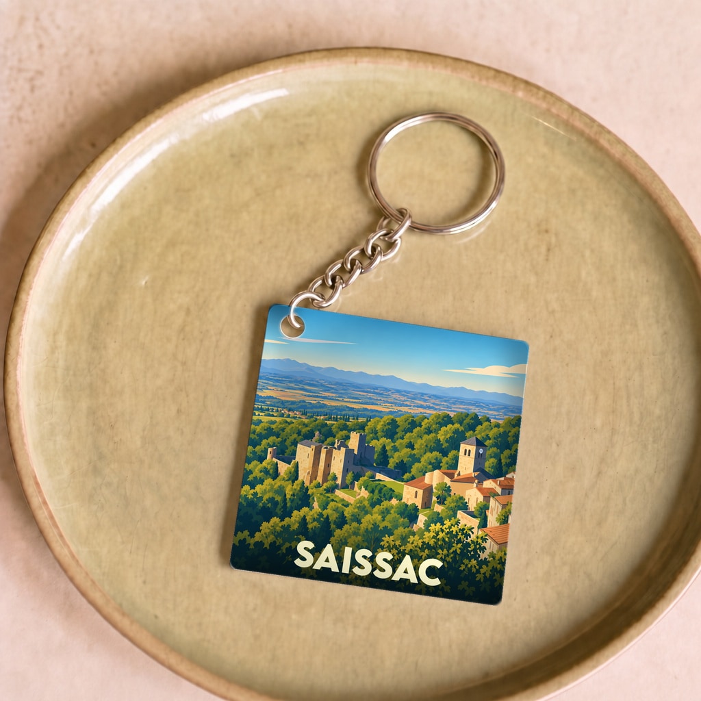 Porte-clés souvenir de la ville de Saissac avec une illustration stylisée de son château et de son paysage.