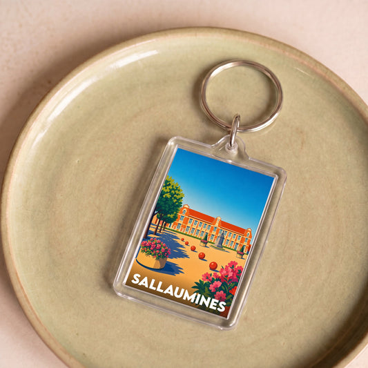 Porte-clés souvenir de la ville de Sallaumines avec une illustration stylisée.