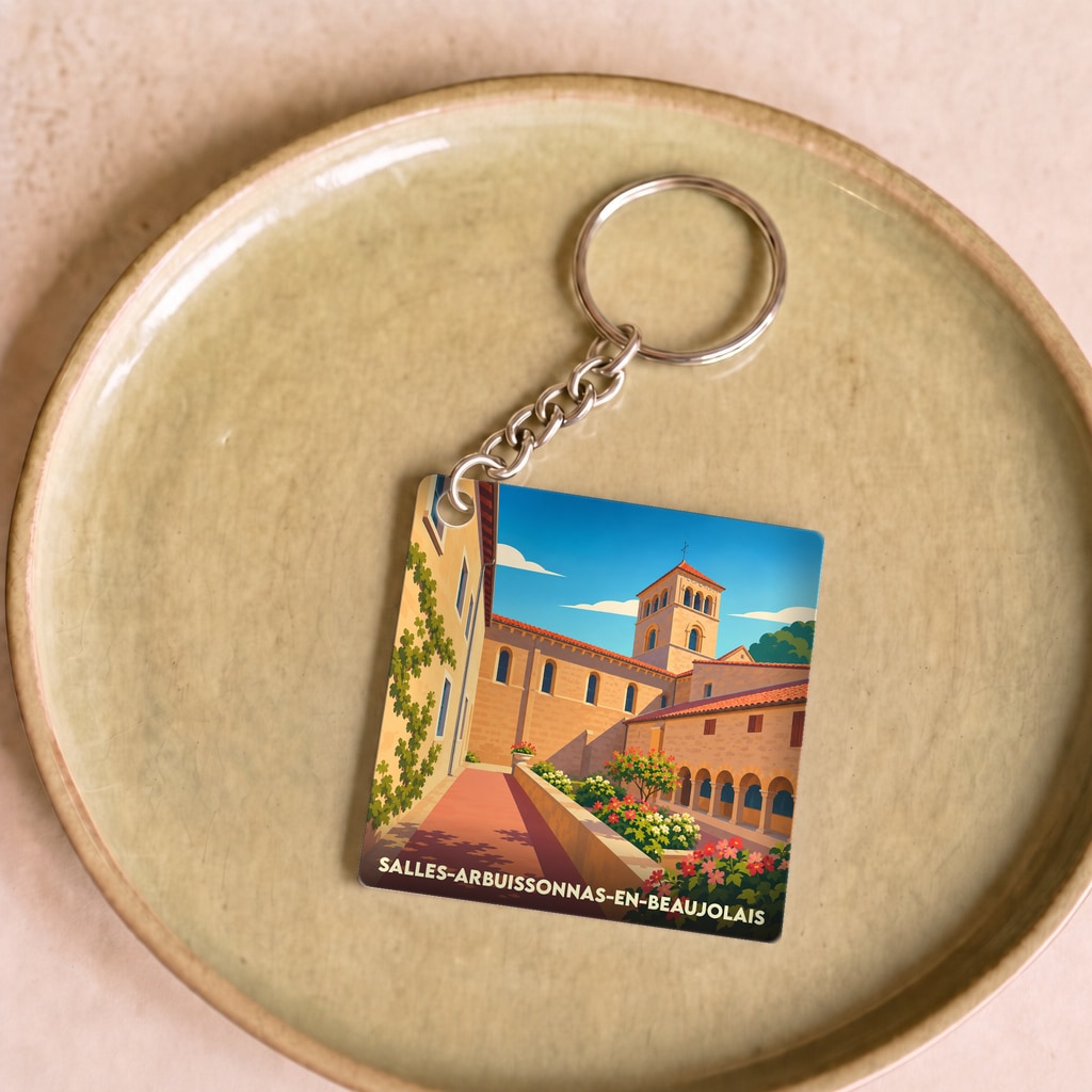 Porte-clés souvenir de Salles-Arbuissonnas-en-Beaujolais avec une illustration colorée et stylisée de son cloître.