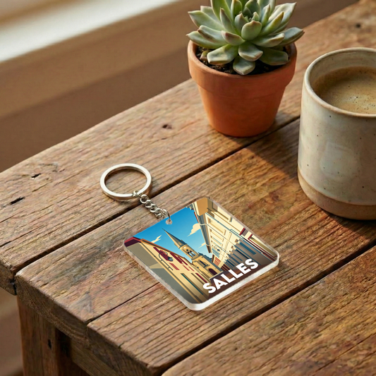 Porte-clés souvenir de la ville de Salles avec une illustration stylisée.