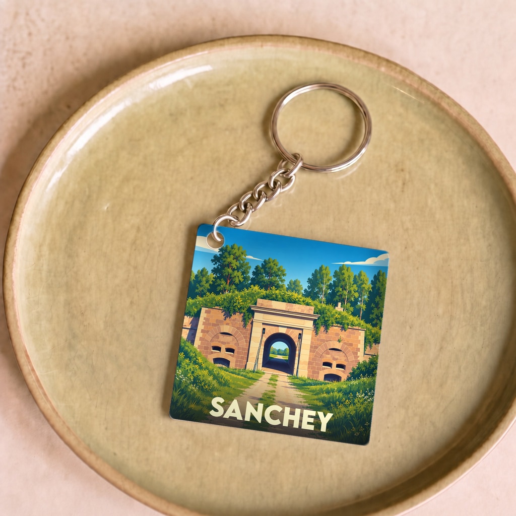 Porte-clés souvenir de la ville de Sanchey avec une illustration stylisée de son fort militaire.