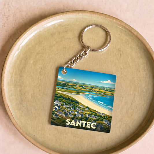 Porte-clés souvenir de la ville de Santec avec une illustration stylisée vue du ciel.