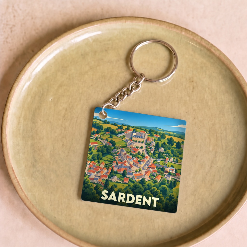 Porte-clés souvenir de la ville de Sardent avec une illustration stylisée d'un village verdoyant.