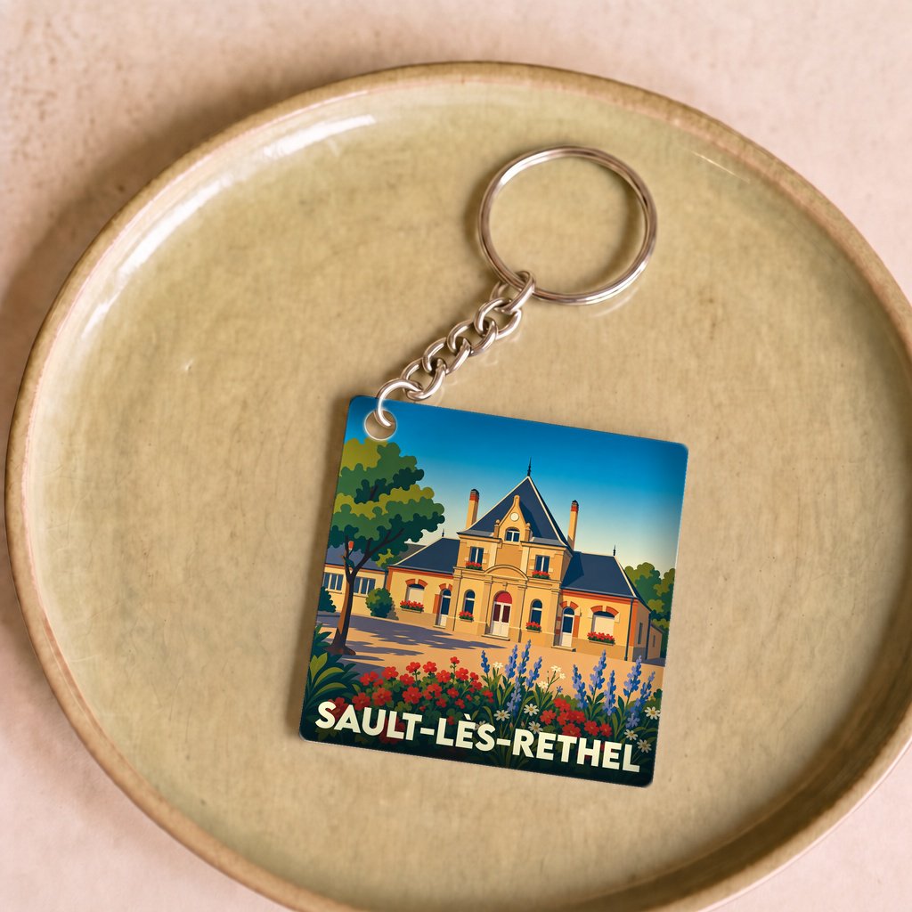 Porte-clés souvenir de la ville de Sault-lès-Rethel avec une illustration stylisée.