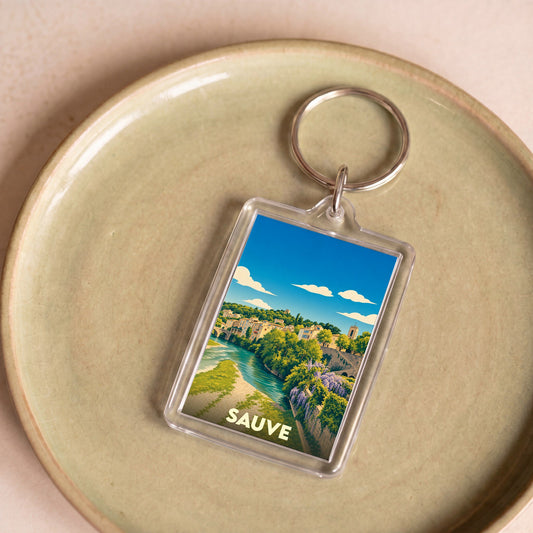 Porte-clés souvenir de la ville de Sauve avec une illustration stylisée d'un paysage fluvial.