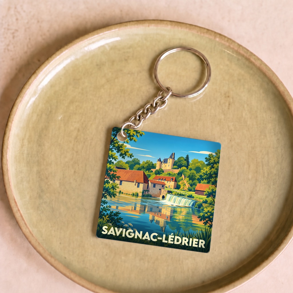 Porte-clés souvenir de la ville de Savignac-Lédrier avec une illustration stylisée.