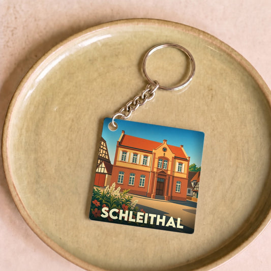 Porte-clés souvenir de la ville de Schleithal avec une illustration stylisée de son architecture.