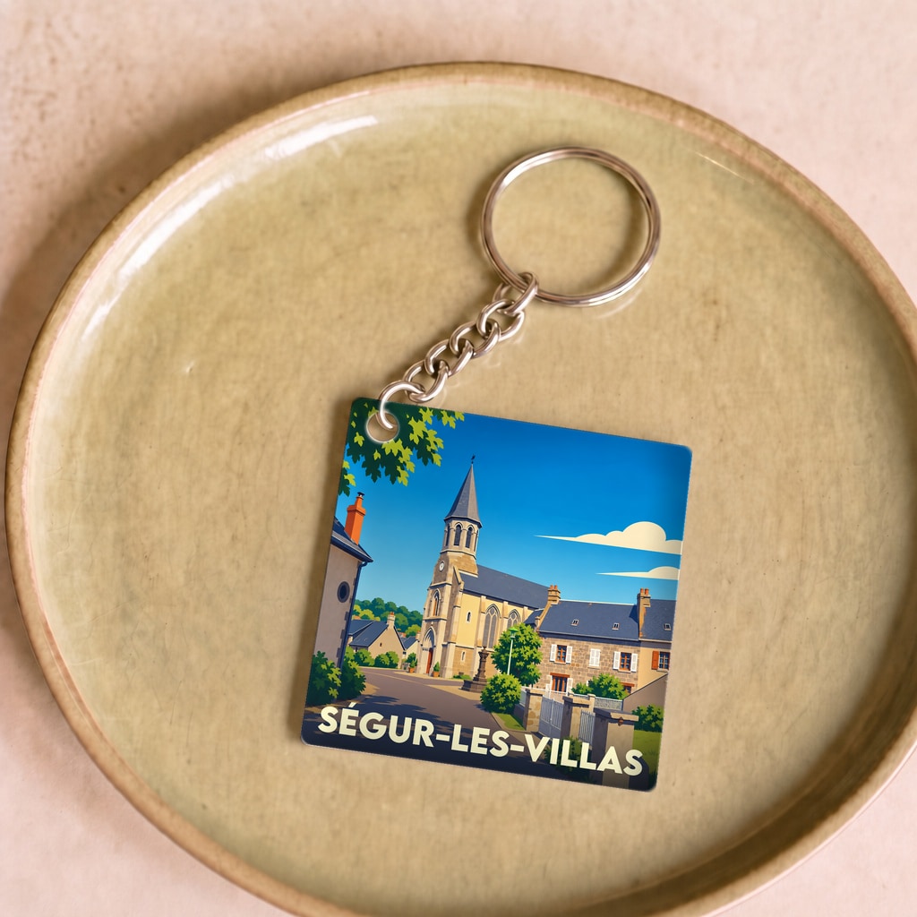 Porte-clés souvenir de Ségur-les-Villas illustré d'une vue stylisée de son église et de ses maisons.