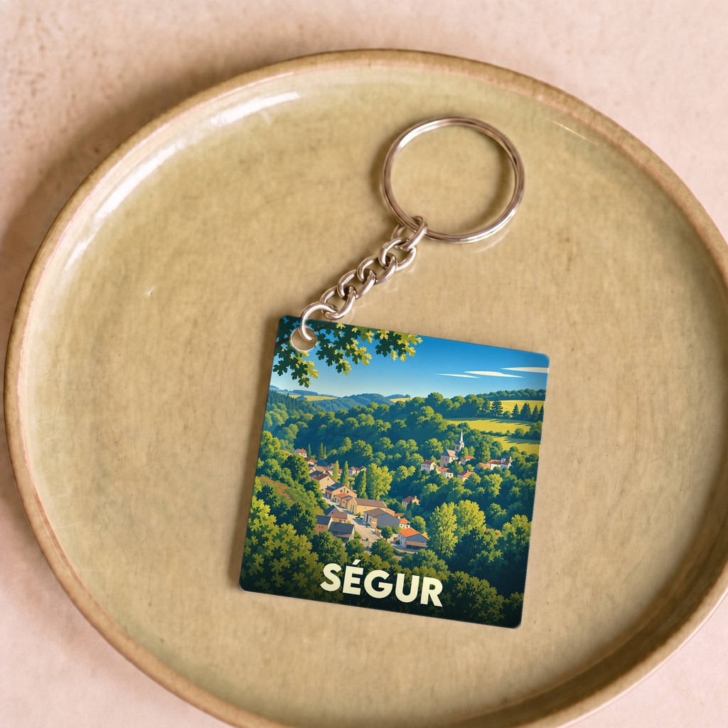 Porte-clés souvenir de la ville de Ségur avec une illustration de paysage vallonné.