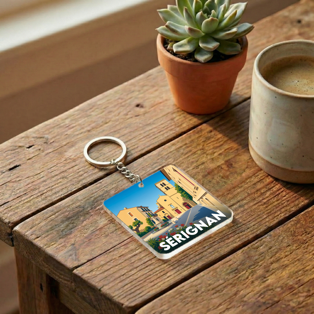 Porte-clés souvenir de la ville de Sérignan avec une illustration stylisée d'une place ensoleillée.