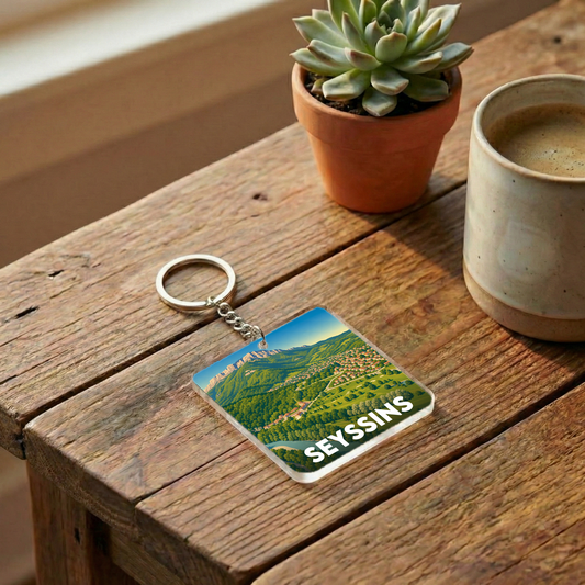 Porte-clés souvenir de la ville de Seyssins avec une illustration de paysage panoramique.