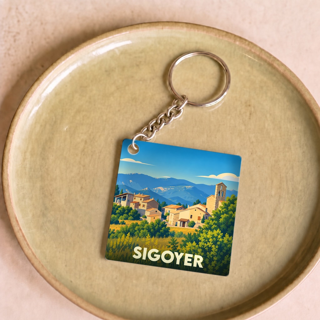 Porte-clés souvenir de la ville de Sigoyer avec une illustration stylisée de son village et des montagnes.