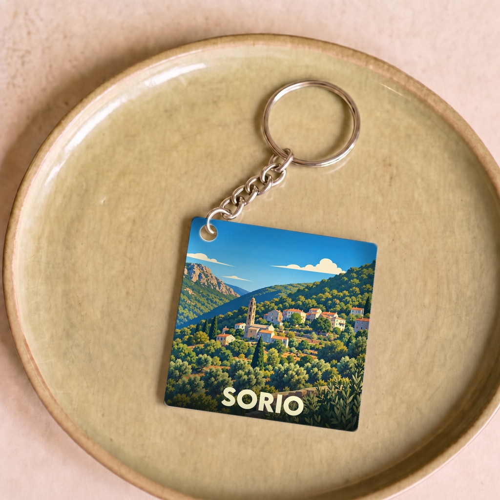 Porte-clés souvenir de la ville de Sorio avec une illustration stylisée d'un village corse ensoleillé.