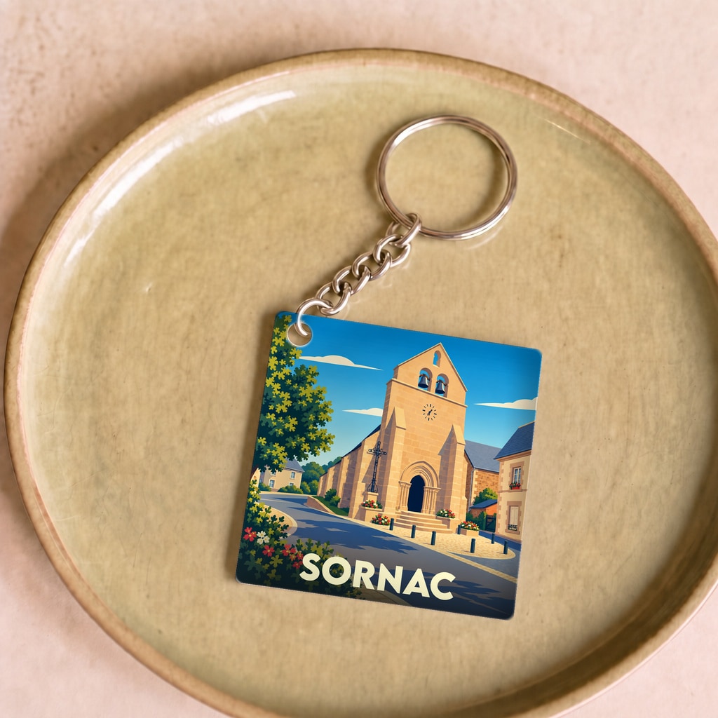 Porte-clés souvenir de la ville de Sornac avec une illustration stylisée de son église.