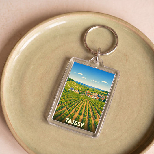 Porte-clés souvenir de la ville de Taissy avec une illustration stylisée de vignobles.