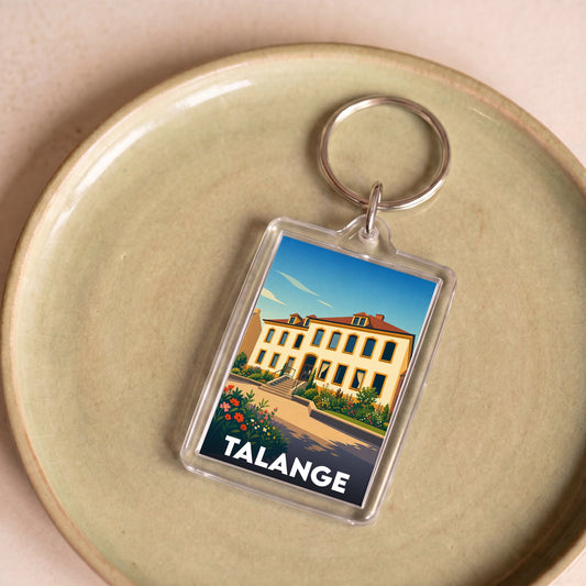 Porte-clés souvenir de la ville de Talange avec une illustration stylisée d'un bâtiment historique.