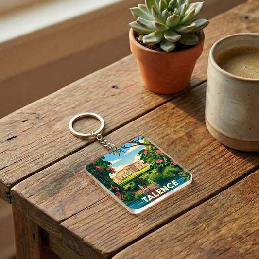 Porte-clés souvenir de la ville de Talence avec une illustration stylisée d'un paysage verdoyant.